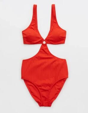 Red Aerie Wide Rib Cut Out Ring One Piece Swimsuit Medium